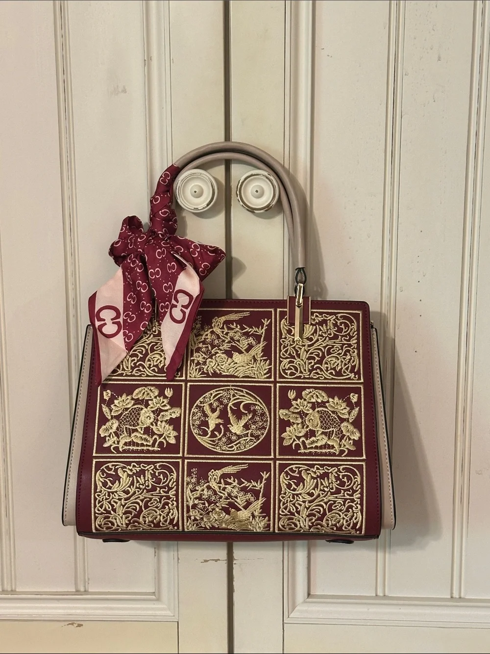 Structured Embroidered Satchel in Burgundy with Scarf Accent